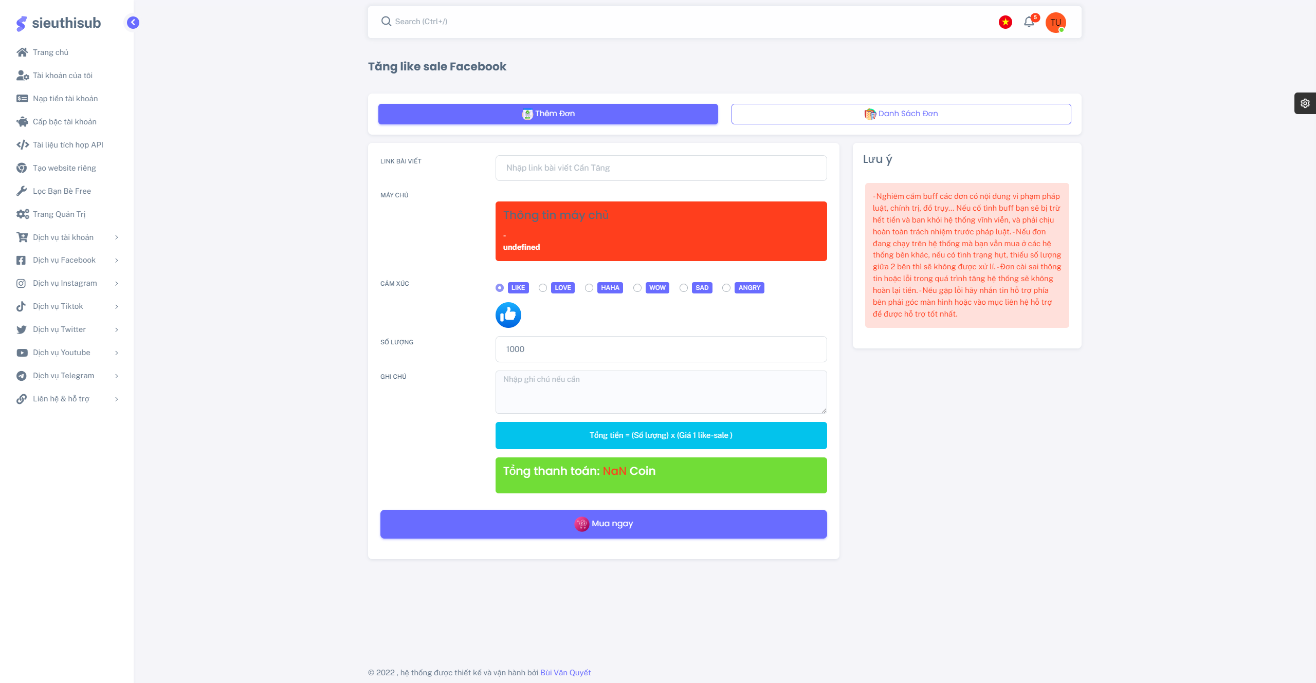 Code dịch vụ mxh, tăng like, sub, share, cmt fb, tiktok, instagram. Api tự động qua baostar hoặc subgiare