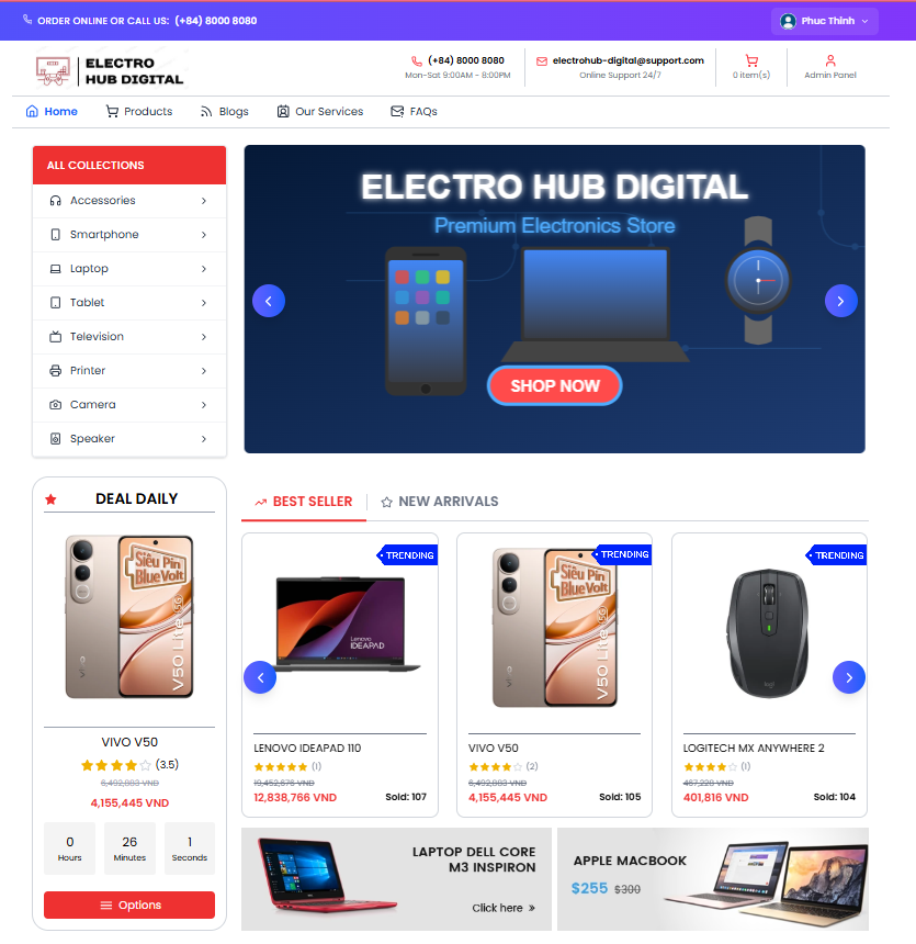 Website thương mại điện tử bán đồ dùng công nghệ React + Nodejs có tích hợp chatbot (Full hướng dẫn cài đặt + báo cáo)