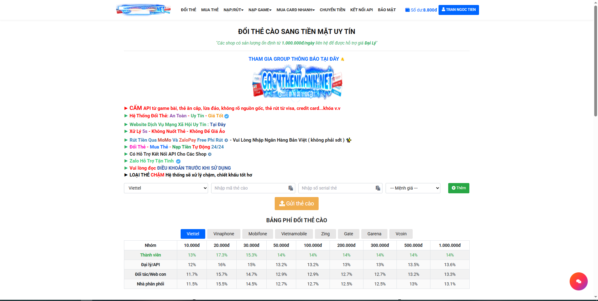 Mã nguồn Website gạch thẻ cào giống pay1s.com