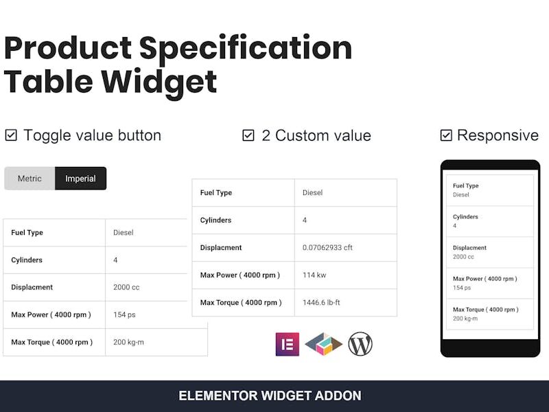 Product Specification Table Widget For Elementor